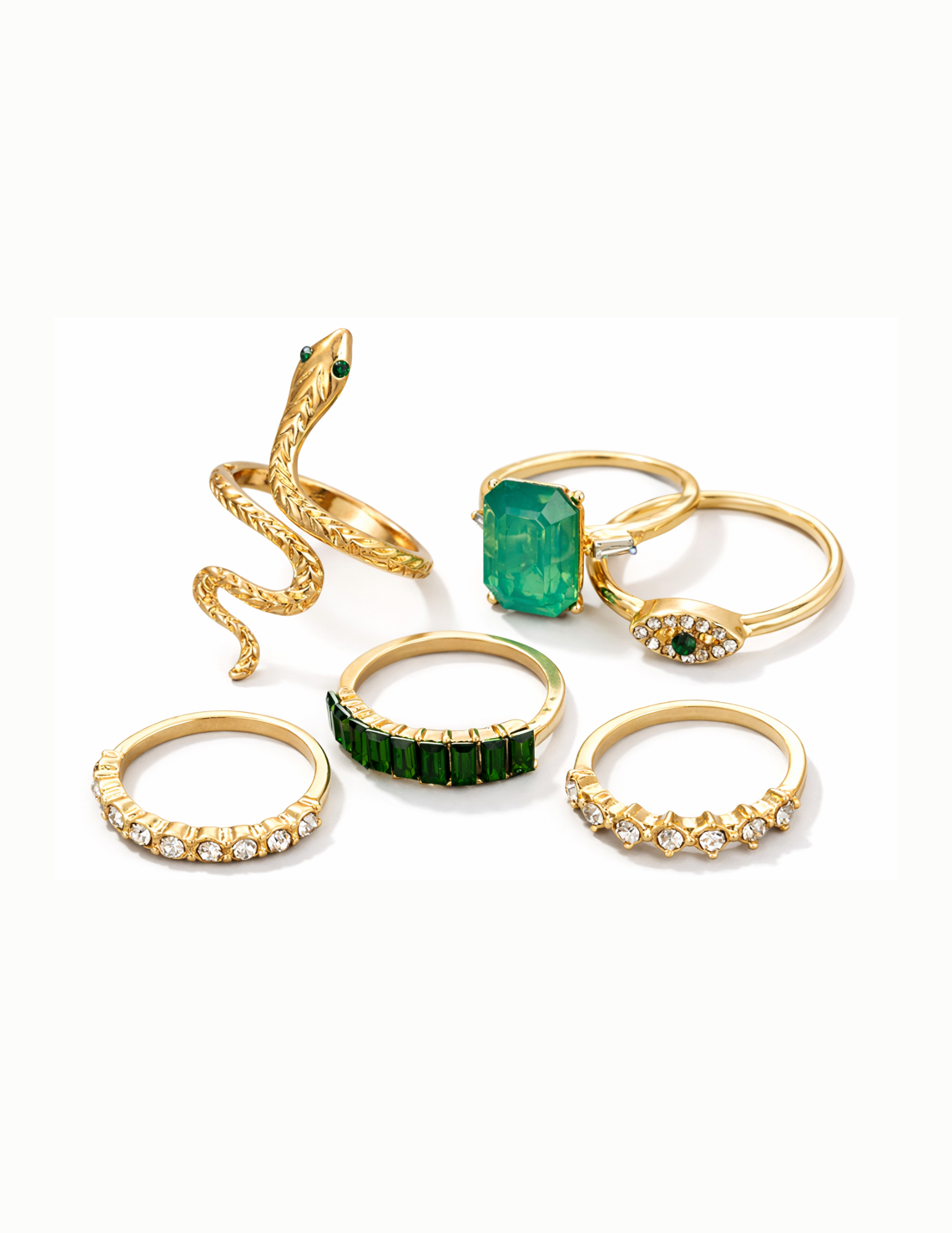 The "Emerald Serpent" 6-Piece Gold Stacking Ring Set