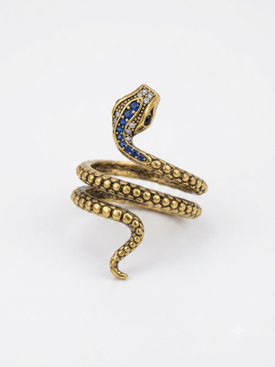 Vintage Antique Gold Snake Coiled Ring with Blue & Clear Zirconia Accents