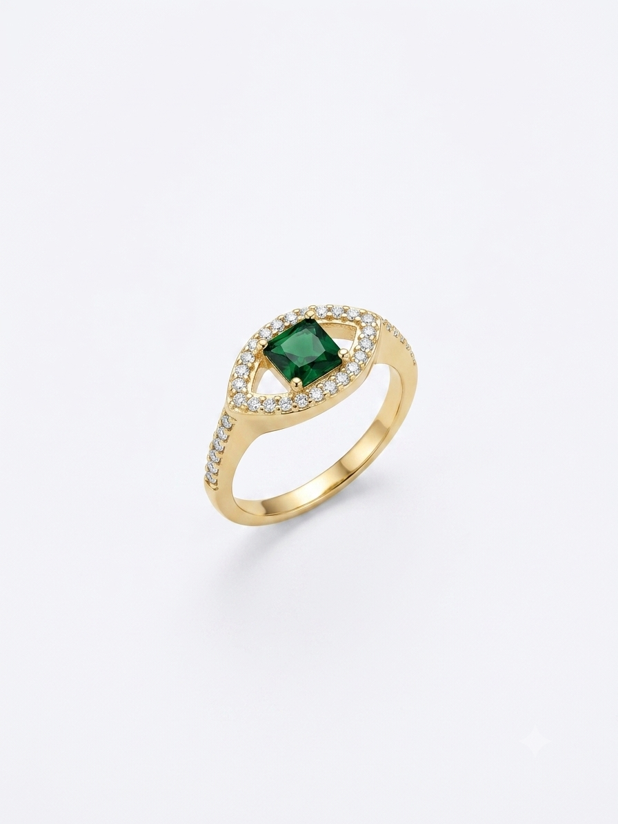 Emerald Green Square Gemstone Evil Eye Gold Ring