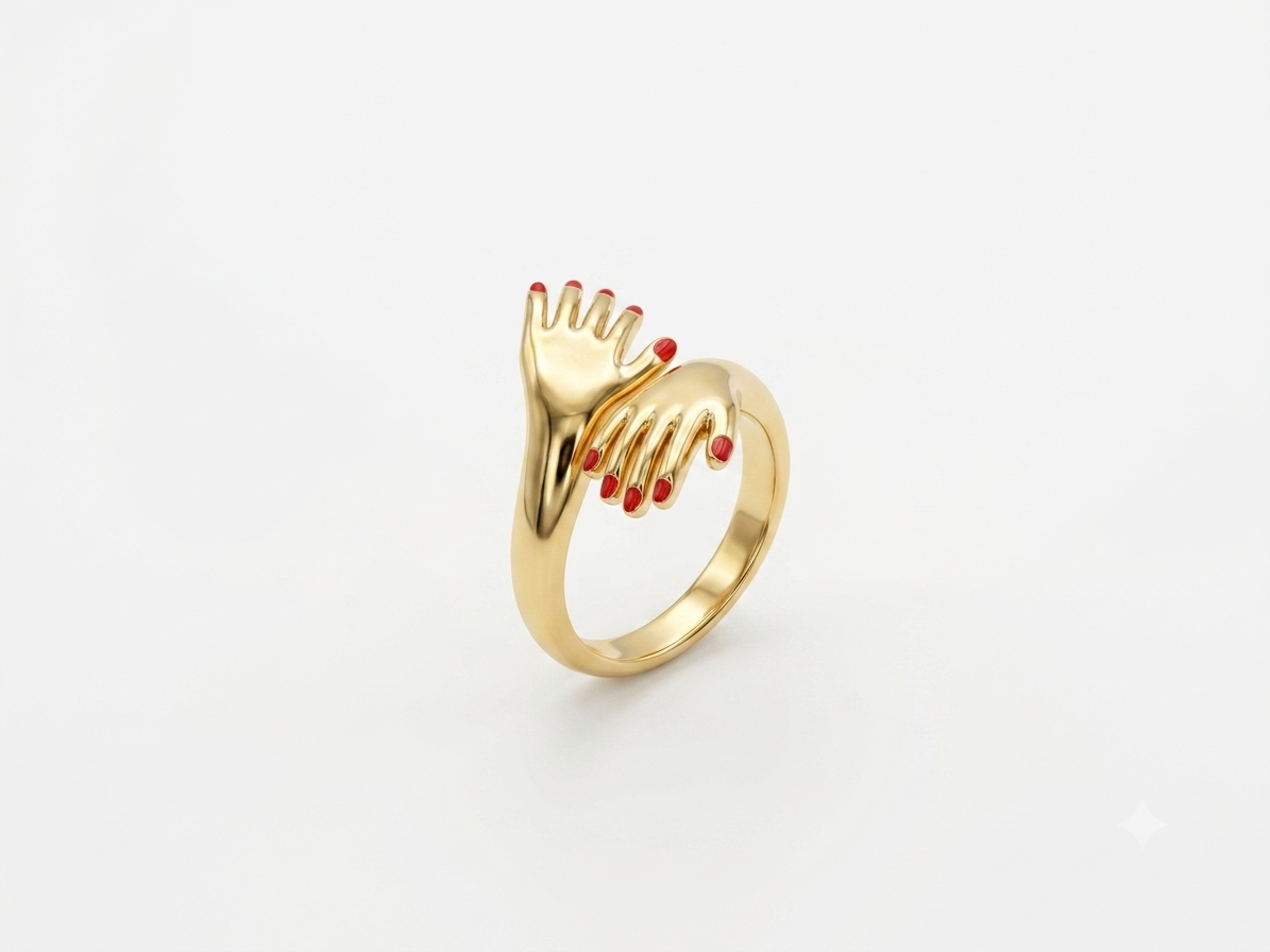 Surrealist Dual Hugging Hands Red Manicure Gold Statement Ring