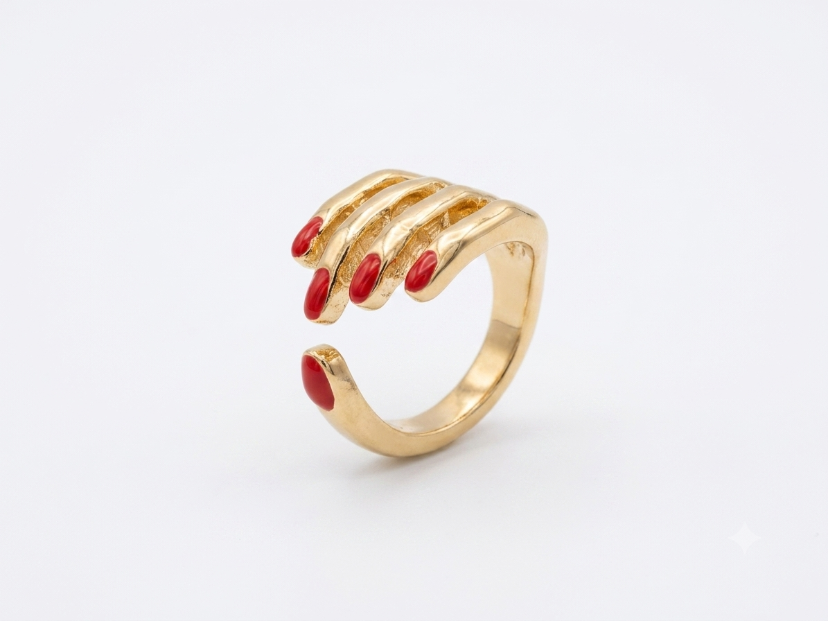 Quirky Hand & Red Manicure Enamel Gold Adjustable Ring