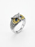 Vintage Two-Tone Wise Owl Blue-Eye Adjustable Silver Ring