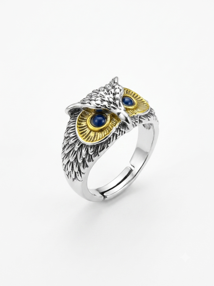 Vintage Two-Tone Wise Owl Blue-Eye Adjustable Silver Ring