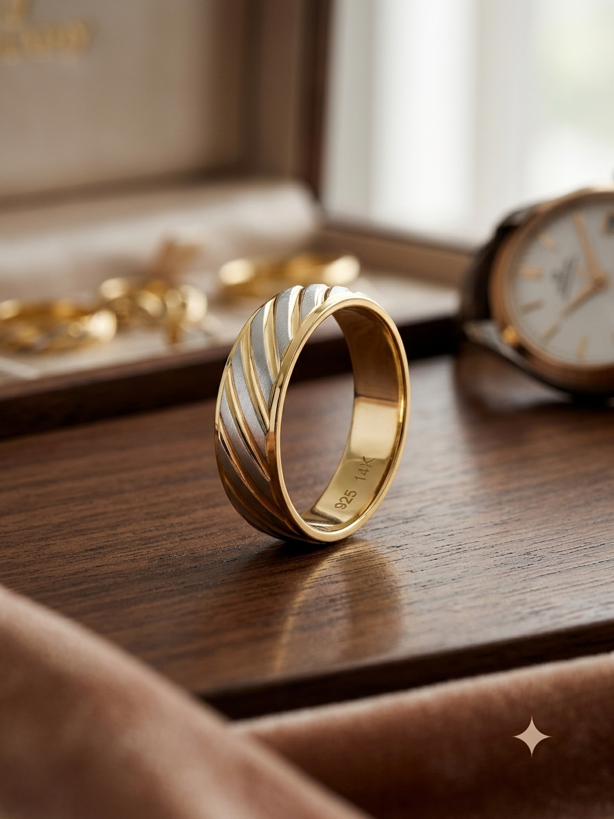 Modern Two-Tone Twisted Grooved Silver & Gold Band Ring